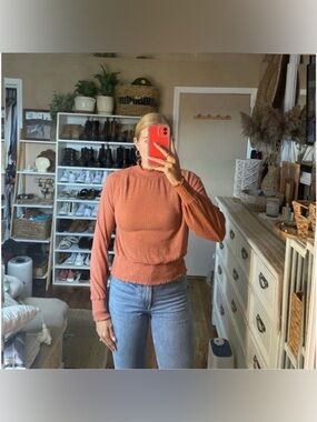 free people ruched mock neck burnt orange long sleeve top size xs